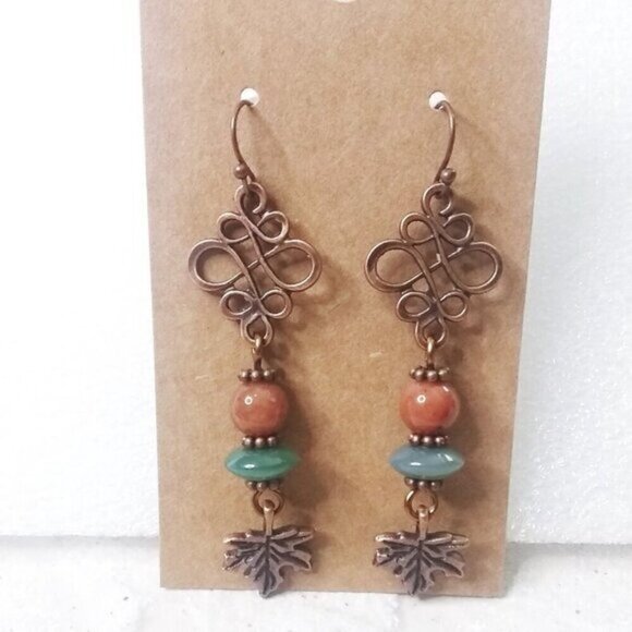 Stacked Beads + Copper Filigree + Maple Leaf Earrings - Unique Autumn Earrings - Picture 2 of 8
